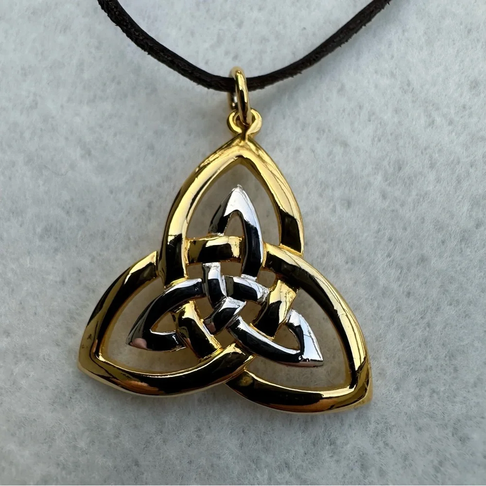 Solvar Gold and Silver Tone Celtic Knot Pendant Necklace- signed Solvar Ireland
